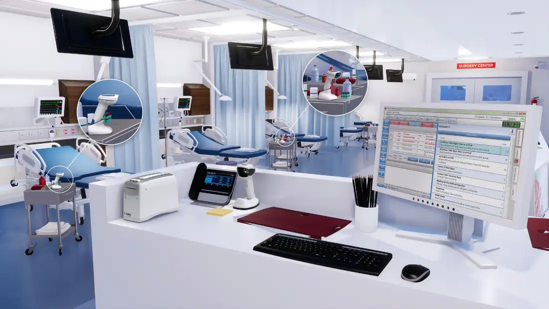 Sala de internación con impresora de pulseras, lectores y monitor con la historia clínica